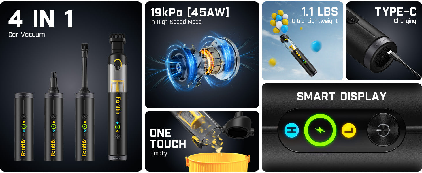 Fanttik Slim V10 Apex Cordless Car Vacuum, 4-in-1 Portable Mini Handheld Vacuum, 19000pa Suction Power, Upgraded Smart Digital Display, 2 Suction Modes for Car, Office Desk, Keyboards