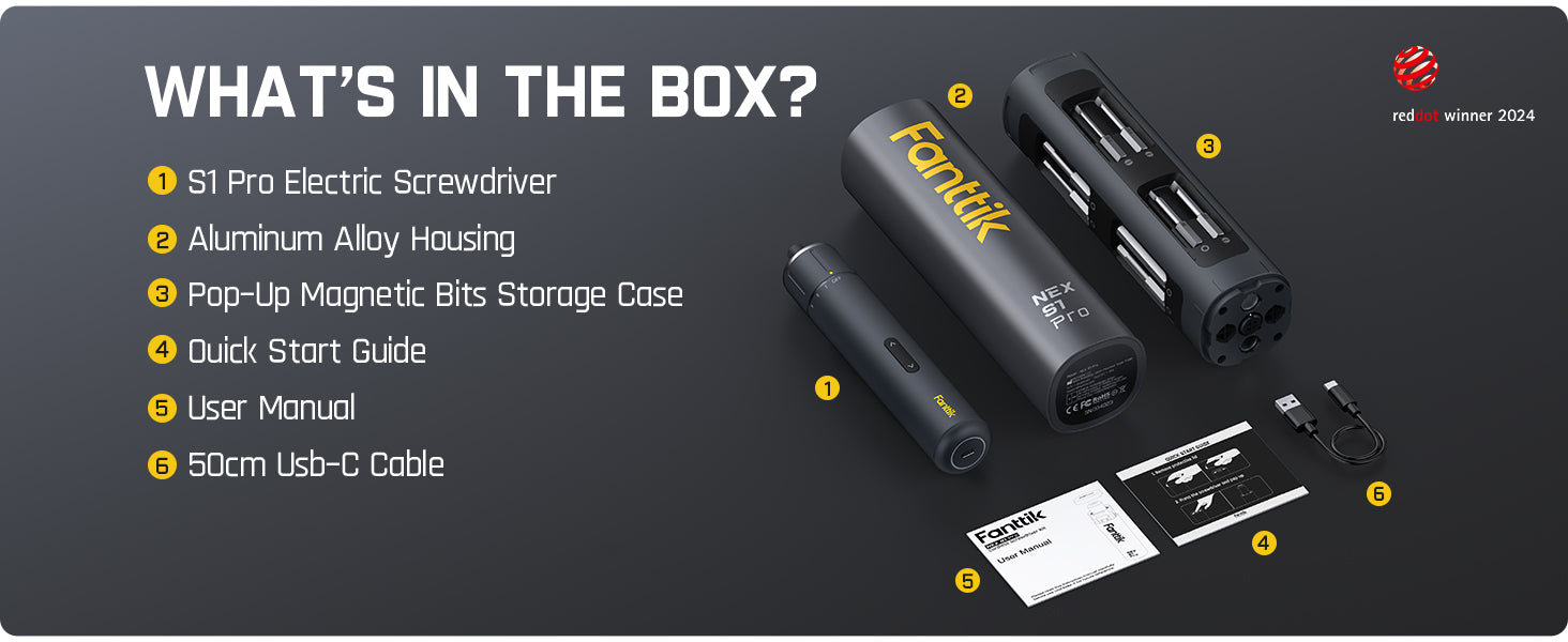 Fanttik S1 Pro 3.7V Electric Screwdriver, Power Screwdriver, 16 S2 Steel Bits, 3 Torque Settings, Max 6 N.m, 2000mAh Battery, LED Light, 1/4''Hex, Ideal Tool for Furniture, Gaming PC