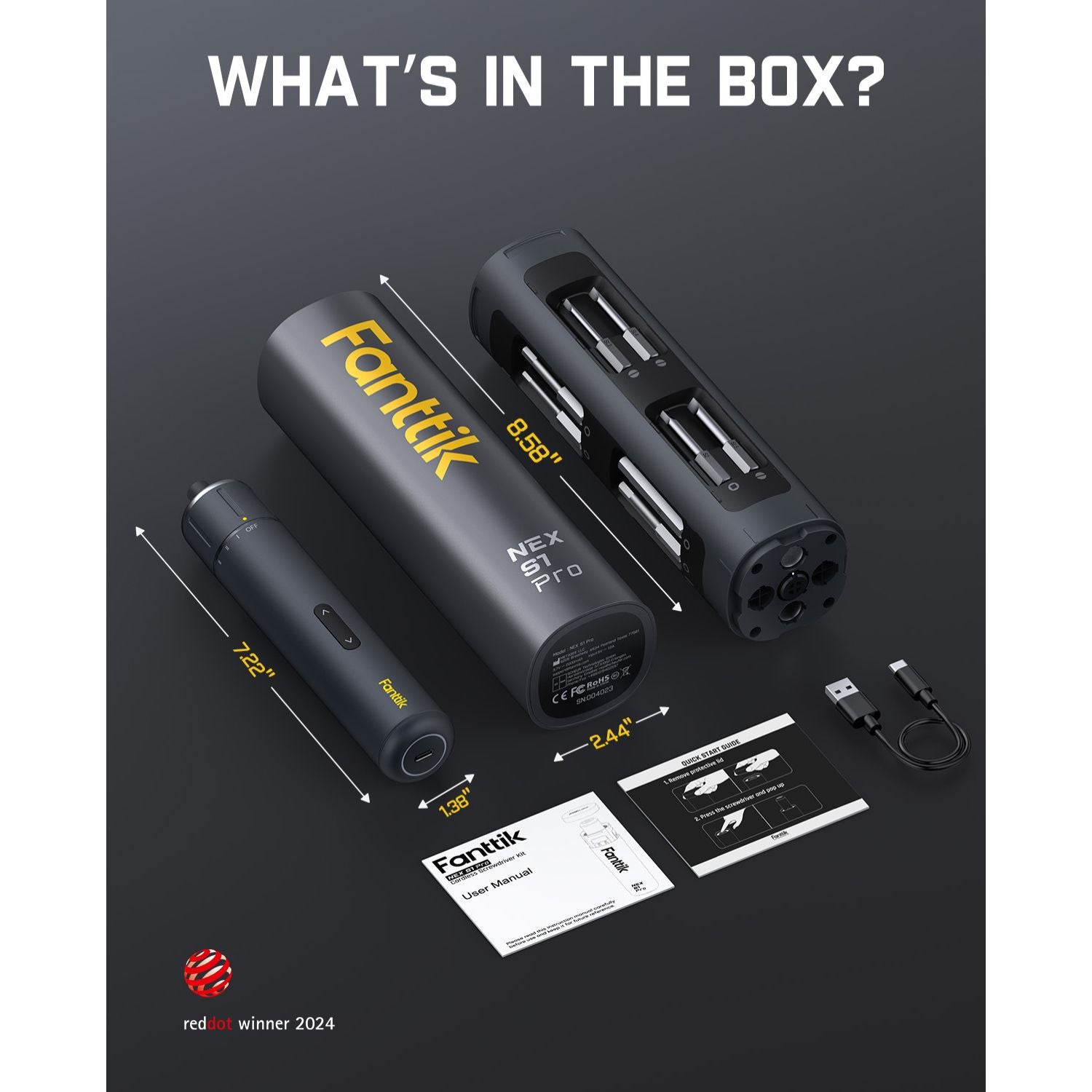 Fanttik S1 Pro 3.7V Electric Screwdriver, Power Screwdriver, 16 S2 Steel Bits, 3 Torque Settings, Max 6 N.m, 2000mAh Battery, LED Light, 1/4''Hex, Ideal Tool for Furniture, Gaming PC