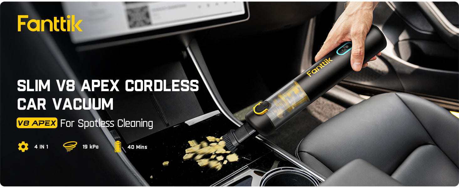 Fanttik Slim V8 Apex Car Vacuum, 19000PA High Power, 4 in 1 Portable Mini Vacuum, 2.5H Type-C Fast Charge, 40 Mins Runtime, RobustClean™ Handheld Vacuum for Car, Home, Keyboard Cleaning