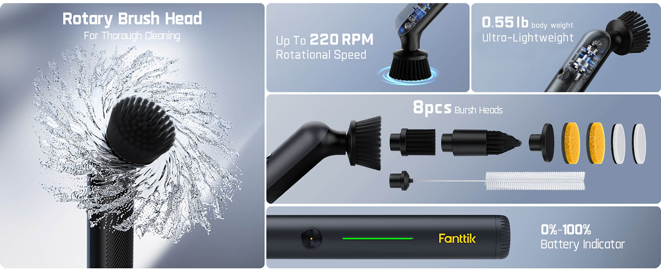 Fanttik G9 Nano Electric Spin Scrubber, Cordless Power Grout Brush, Type-C Fast Charging with LED Power Display, IPX7 Waterproof, 8 Replaceable Heads for Cleaning Grout, Tile, Shower, Tub