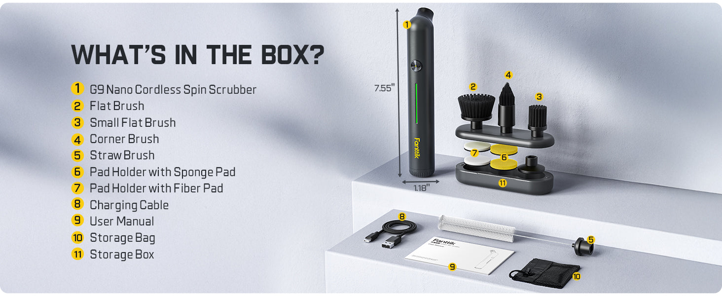 Fanttik G9 Nano Electric Spin Scrubber, Cordless Power Grout Brush, Type-C Fast Charging with LED Power Display, IPX7 Waterproof, 8 Replaceable Heads for Cleaning Grout, Tile, Shower, Tub