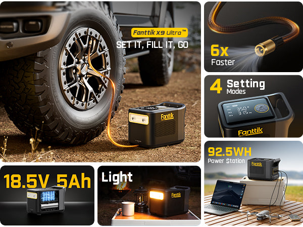 Fanttik X9 Ultra™ Portable Tire Inflator for Pickup Trucks | 3-in-1 Air Pump, Power Station, Flashlight | Super Fast Inflator with Digital Gauge | Air Compressor for Car, Mortorcycle, Bike and Ball