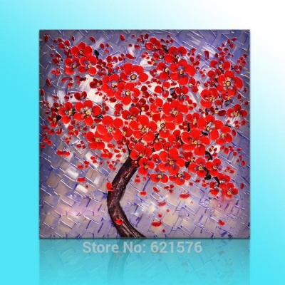 hand-painted big size wall art picture wedding bedroom decor happy red flower tree thick palette knife oil painting on canvas