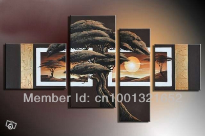 hand-painted hi-q modern decorative tree oil painting on canvas exuberant mountain forest in the sunset4pcs/set framed