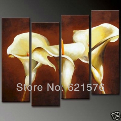 hand-painted hi-q modern hanging wall home decor flower oil painting on canvas light yellow calla lily on brown 4pcs/set framed