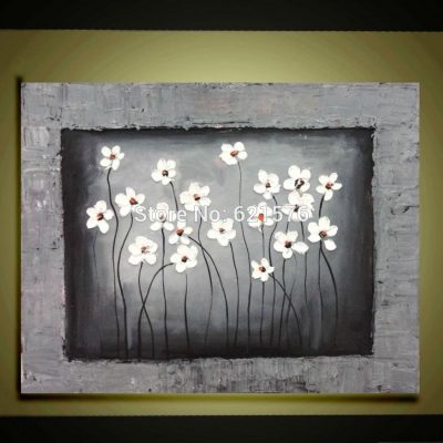 hand painted modern wall art picture white flowers on grey black home decor abstract thick palette knife oil painting on canvas