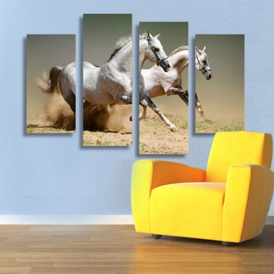 new sell 4 panel running white horse large hd picture modern home wall decor canvas print oil painting framed artf/1108