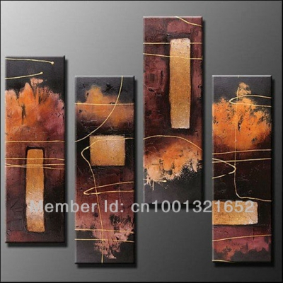 whole hand-painted hi-q modern home decorative abstract oil painting on canvas yellow square line on brown 4pcs/set framed