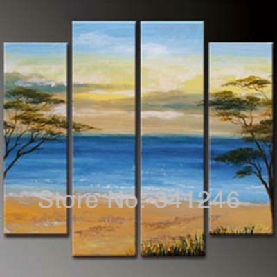 whole hand-painted hi-q modern wall art home decorative abstract seascape oil painting on canvas beach trees 4pcs/set framed