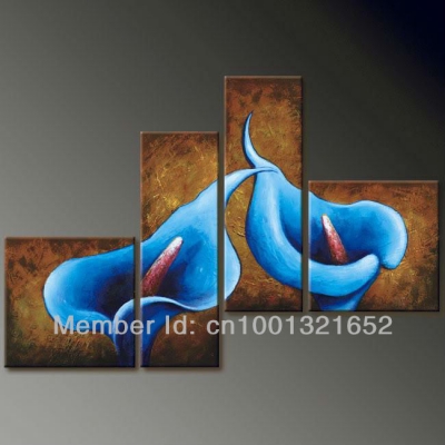 whole hand-painted hi-q modern wall art home decorative flower oil painting on canvas blue common callalily 4pcs/set framed