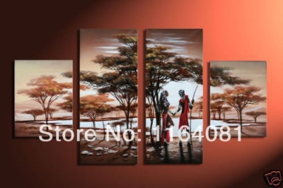 hand made african forest lovers high q. abstract landscape wall decor oil painting on canvas 4pcs/set