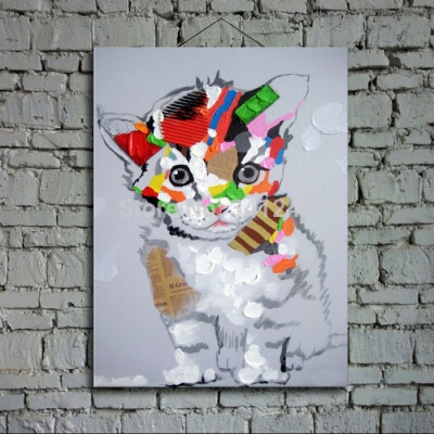 hand-painted modern wall art picture for living room home decor abstract cat cartoon animal oil painting on canvas framed