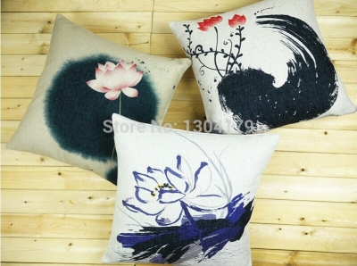 chinese traditional ink cushion pillow cover 2pcs lotus linen cotton sofa cover pillows decorate whole!