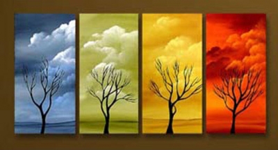 hand-painted abstract home decor wall art picture landscape blue white yellow red clouds tree oil painting on canvas set framed