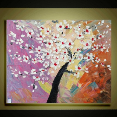 hand painted big size red whit flower tree wall art picture home decor abstract thick palette knife oil painting on canvas