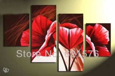hand-painted hi-q hanging wall art home decorative abstract flower oil painting on canvas red corn poppy on brown4pcs/set framed