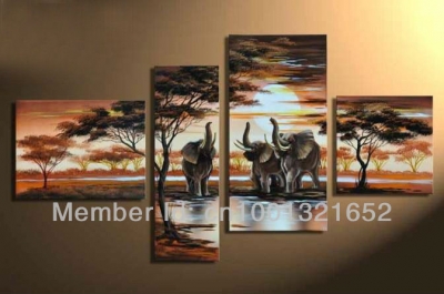 hand-painted hi-q modern decor animals oil painting on canvas the elephants drinking water by the lake4pcs/set framed