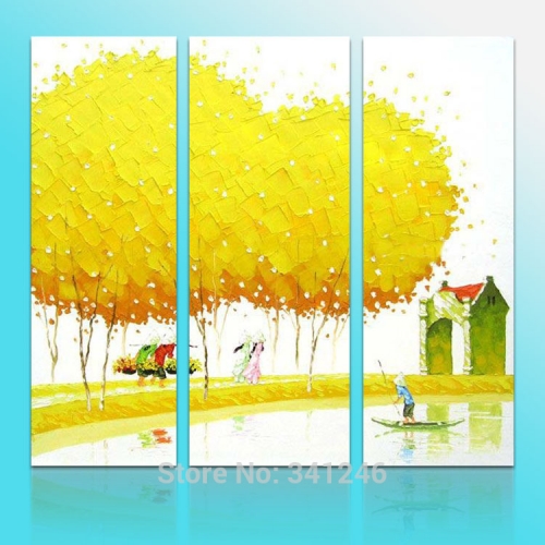 hand-painted modern hang wall art home decor pastoral golden yellow trees palette knife landscape oil painting on canvas framed