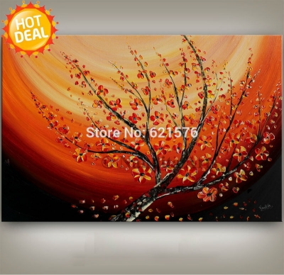 hand-painted modern orange red plum blossom flower tree wall art picture home decor abstract palette oil painting on canvas art