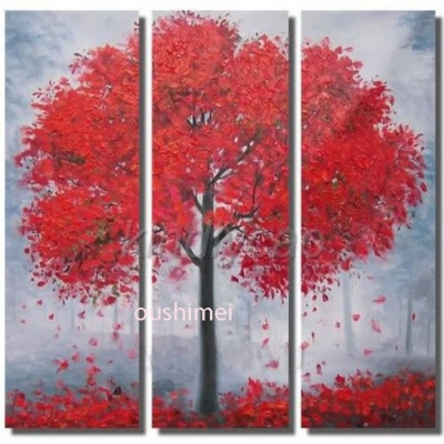 hand-painted wall art autumn red trees abstract landscape oil painting on canvas 3pcs/set pictures group of paintings