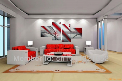 whole hand-painted hi-q modern home decoration wall art picture oil painting on canvas red black line point 4pcs/set framed