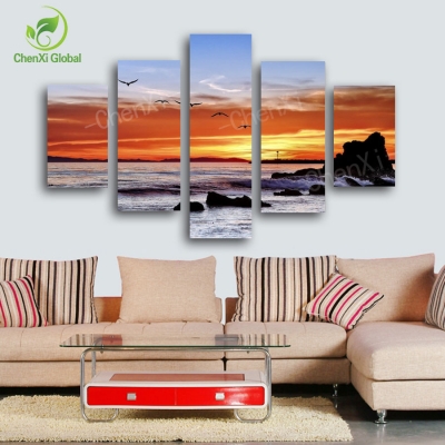 5 panel modern spray painting seascape beach sunset canvas painting picture wall art home decor for living room unframed pf1067