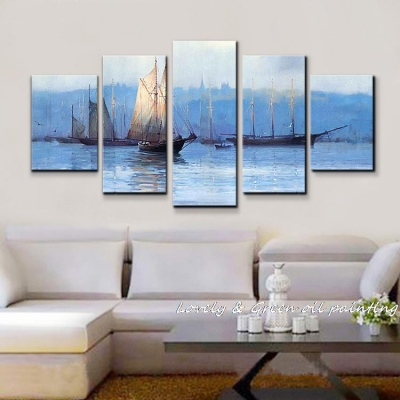 5 pcs modern wall painting blue ocean white sailing boats oil painting home decorative art picture paint on canvas