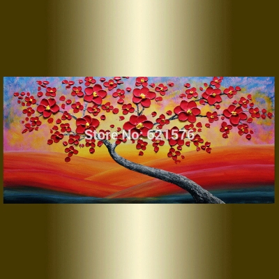 big hand-painted abstract home decorative wall art picture thick palette knife red blooming tree yellow oil painting on canvas