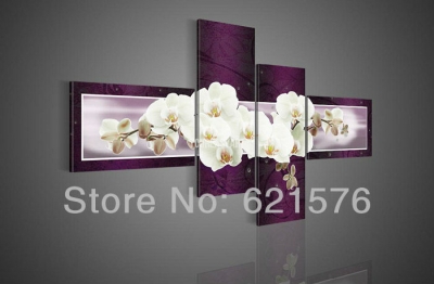 hand-painted big size modern wall art home decor realistic flower oil painting on canvas white butterfly orchid purple 4pc/set