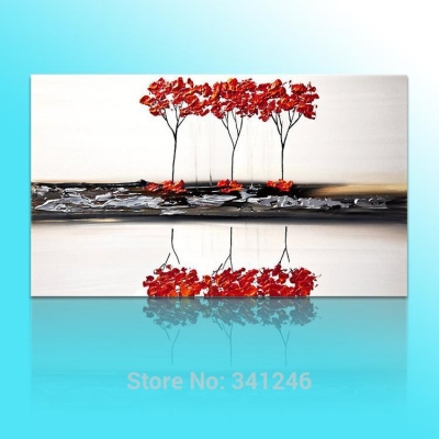 hand-painted big size modern wall art home decor red tree reflection by the lake palette knife landscape oil painting on canvas