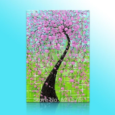 hand-painted big size wall art picture wedding bedroom decor pink flower green tree thick palette knife oil painting on canvas