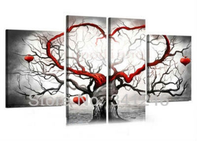 hand-painted hi-q modern fashion wall art home decorative abstract oil painting on canvas light grey love tree 4pcs/set framed