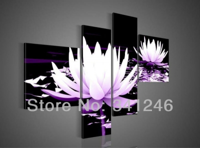 hand-painted hi-q modern wall art home decorative flower oil painting on canvas blooming light purple water lily4pcs/set framed