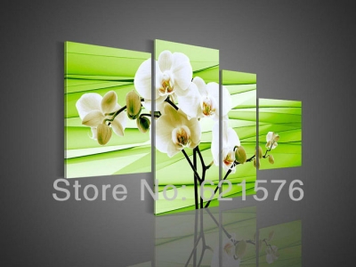 hand-painted hi-q wall art home decorative realistic flower oil painting on canvas white magnolia flower on light green 4pcs/set