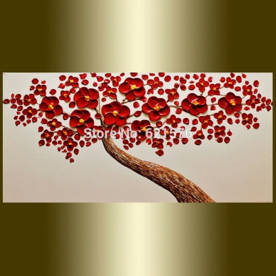 hand-painted living room decor home decoration red flower tree wall art picture abstract thick palette knife canvas oil painting