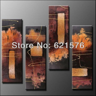 hand-painted modern hang wall art picture home decor abstract yellow square line on brown oil painting on canvas 4pcs/set framed