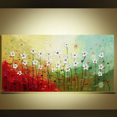 hand painted modern red white flower plants wall art picture living room home decor thick palette knife oil painting on canvas