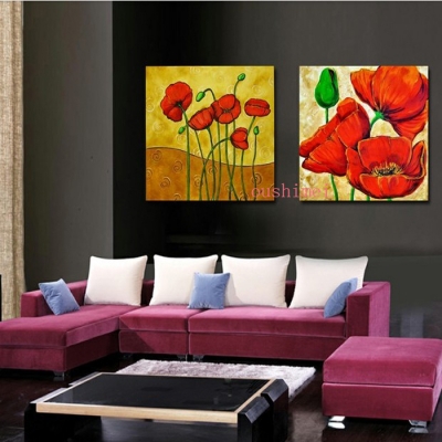 handpainted 2 piece red modern abstract oil paintings on canvas wall art pictures for living room home decoration flowers