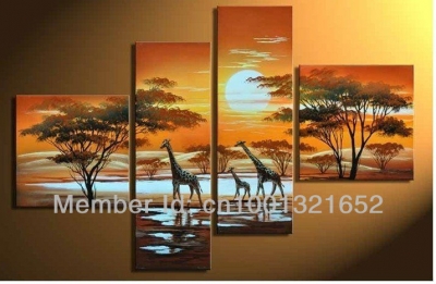 whole hand-painted hi-q home decorative landscape animals oil painting on canvas woods giraffes in sunset 4pcs/set framed