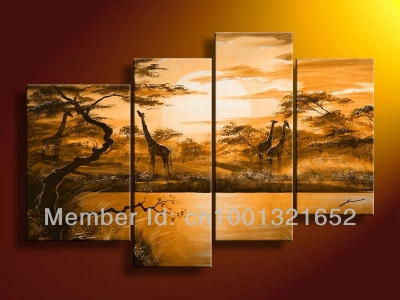 whole hand-painted hi-q modern home decorative landscape trees oil painting on canvas giraffes eat leaves 4pcs/set framed