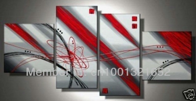 whole hand-painted hi-q modern wall art home decorative abstract oil painting on canvas red black line point 4pcs/set framed