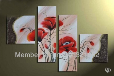 whole hand-painted hi-q modern wall art home decorative flower oil painting on canvas red corn poppy on pink 4pcs/set framed