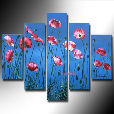 hand-painted blue oil painting abstract art home decor pink flower painting wall art decor 5 group painting