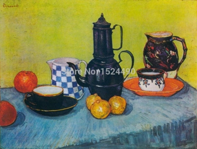 enamel coffeepot, earthenware and fruit of vincent van gogh reproduction oil painting on canvas wall art for home decor