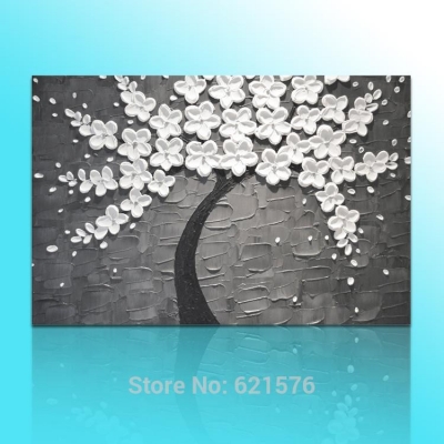 hand-painted big size wall art picture wedding home decor snow white flower tree gray thick palette knife oil painting on canvas