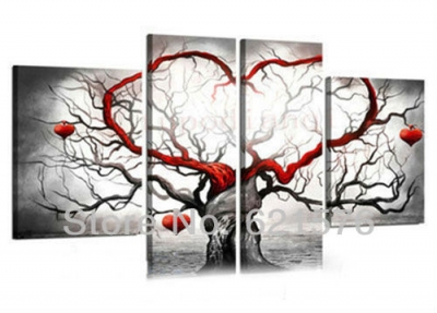 hand-painted hi-q modern wall art home decorative abstract group oil painting on canvas light grey love tree 4pcs/set framed