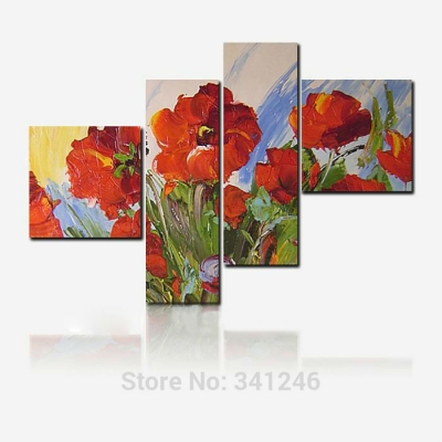 hand-painted modern home hang wall art decor abstract living room bedroom red blooming corn poppy oil painting on canvas framed