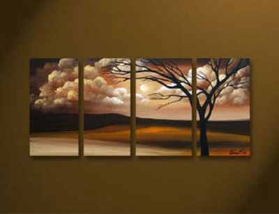 hand-painted modern wall art picture home decor coffee abstract landscape brown clouds tree group oil painting on canvas framed