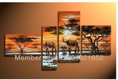 large size hand-painted hi-q wall art home decoration landscape animal oil painting on canvas woods elephants in sunset 4pcs/set